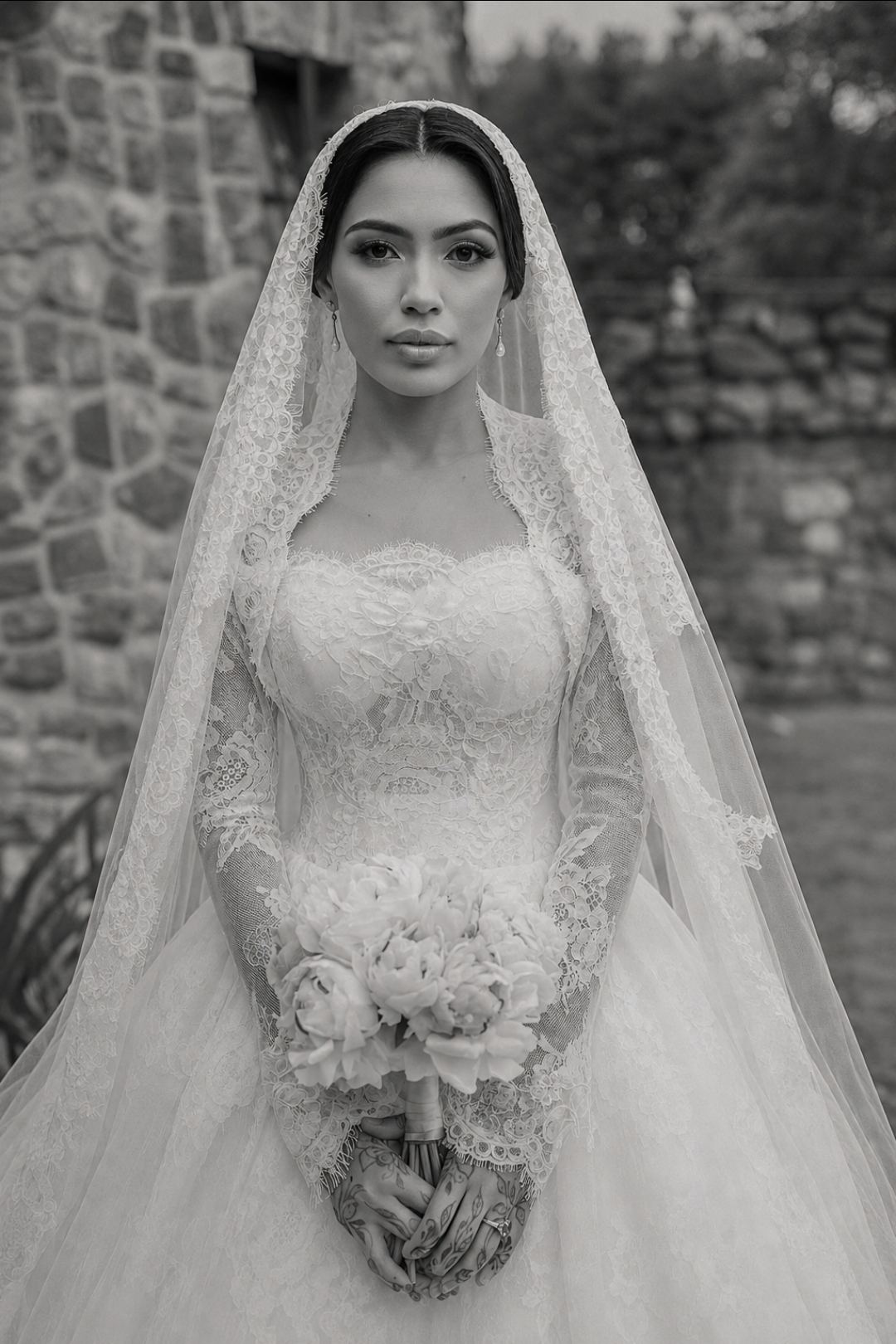 Saarahjasmin Couture bride in a hand-beaded lace gown and cathedral veil